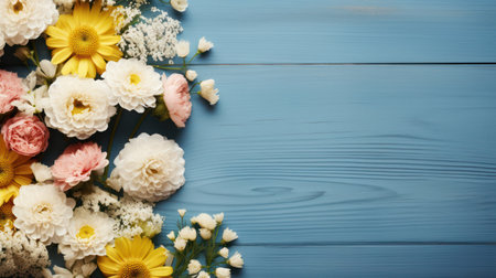 Beautiful flowers on blue wooden table, flat lay. Space for textの素材