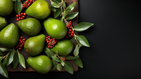 Fresh ripe green avocados with leaves and berries on black backgroundの素材
