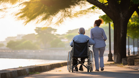 Elderly couple walking in the park at sunset, back viewの素材