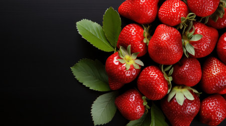 Strawberries on a black background. Top view. Copy space.の素材