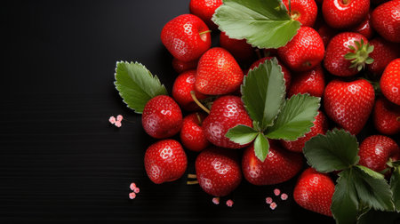 Fresh ripe strawberries with leaves on black wooden table, top view. Space for textの素材