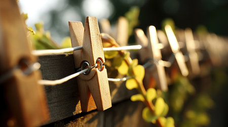 Wooden clothespins on a rope on a background of green leavesの素材