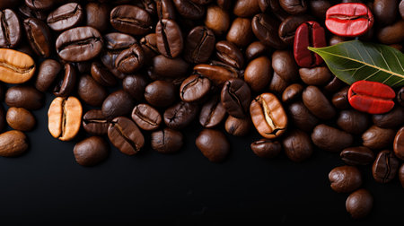 Coffee beans on a black background with space for text.の素材