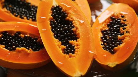 Slices of papaya with seeds on plate, closeupの素材