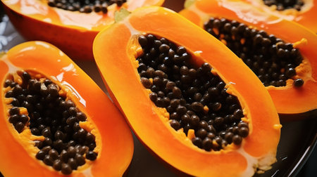 Papaya fruit on a black plate, close-up.の素材