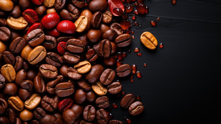 Coffee beans on black wooden background. Top view with copy space.の素材