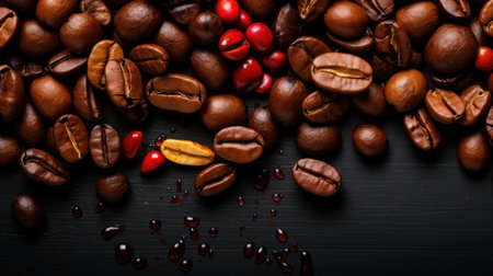 Coffee beans on a black wooden background. Top view.の素材
