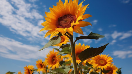 Sunflowers on blue sky background. Sunflower blooming.の素材