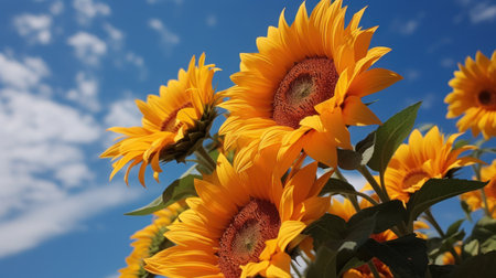 Sunflowers on a background of blue sky. Sunflower blooming.の素材