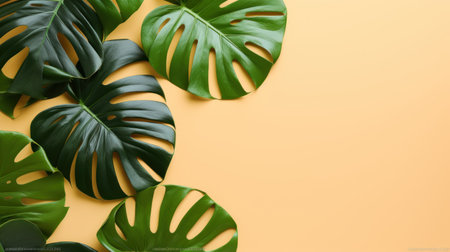 Tropical leaves on color background, flat lay. Space for textの素材