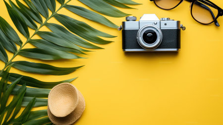 Flat lay of vintage camera, sunglasses, hat and palm leaf on yellow backgroundの素材