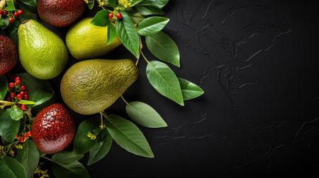Fresh avocados with leaves and berries on black background, top viewの素材