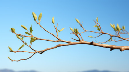 Branch with young leaves on blue sky background, close-upの素材