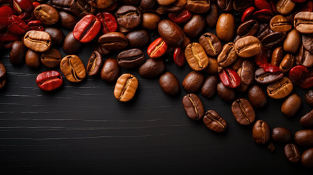 Coffee beans on black wooden background. Top view with copy space.の素材