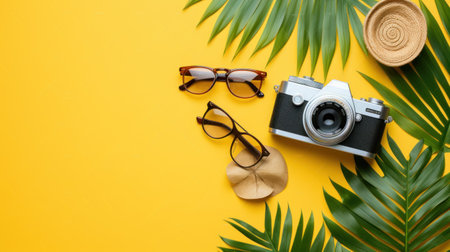 Flat lay composition with camera, sunglasses and tropical leaves on color backgroundの素材