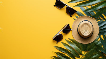 Summer flat lay with hat, sunglasses and palm leaf on yellow backgroundの素材