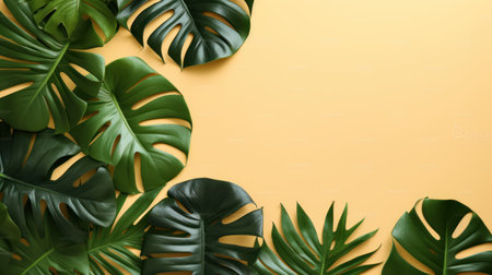 Tropical leaves on color background, flat lay. Space for textの素材