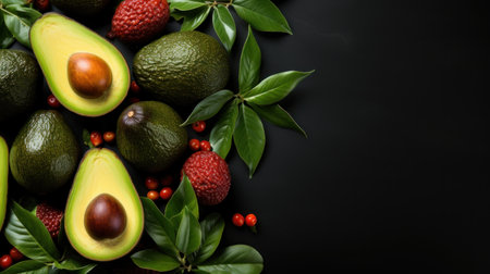 Fresh ripe avocados with leaves and berries on black background.の素材