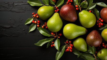 Fresh ripe avocados with leaves and berries on black wooden backgroundの素材
