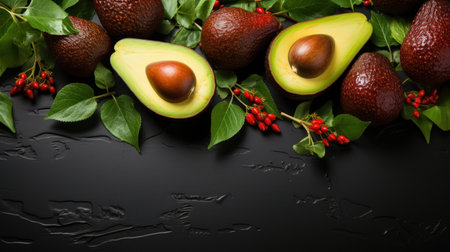 Fresh ripe avocados with leaves and berries on a black background.の素材