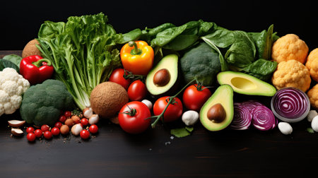 Fresh vegetables and fruits on a black background. Healthy food concept.の素材