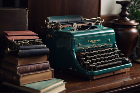 Vintage typewriter and books on a wooden table in the roomの素材