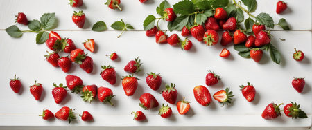Strawberries on white wooden table. Top view, flat layの素材