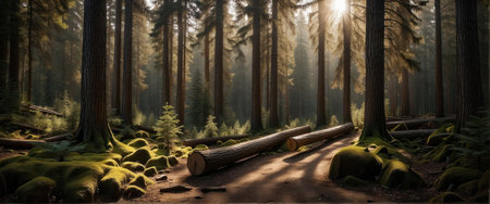 Sunset in the Redwood Forest, California, USA. Panoramaの素材