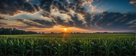 Sunset over corn field. Panoramic view of agricultural landscape.の素材