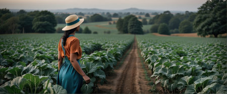 Young woman in a straw hat standing in a field of cabbage.の素材