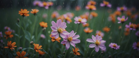 Cosmos flowers in the rain. Floral background with flowers.の素材