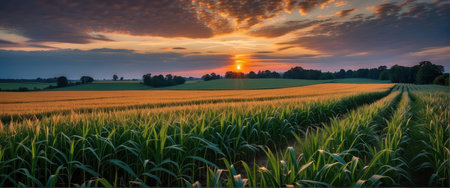 Sunset over corn field in summer. Landscape panorama.の素材