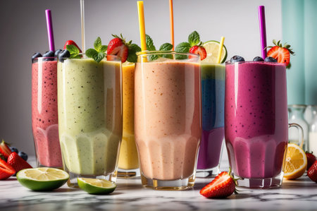 Assortment of colorful smoothies in glasses on white marble table.の素材