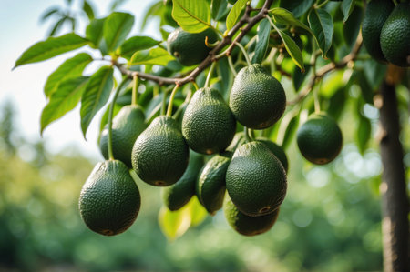 Avocado fruit on the tree in the farm. Selective focus.の素材