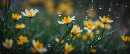 Rain drops on the yellow flowers with raindrops on the green grassの素材