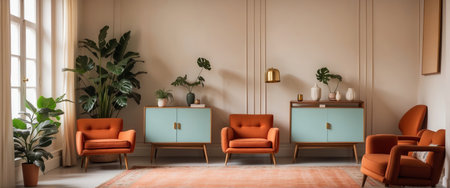 Living room with orange armchairs and plants. 3d rendering.の素材