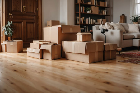 Moving boxes in new house. Moving day concept. Selective focusの素材