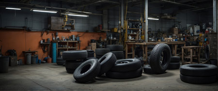 Tires in a car repair shop. Auto service industry. Auto service.の素材