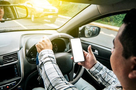 Distracted driver using the cell phone while driving, Man using his phone while driving, Person...