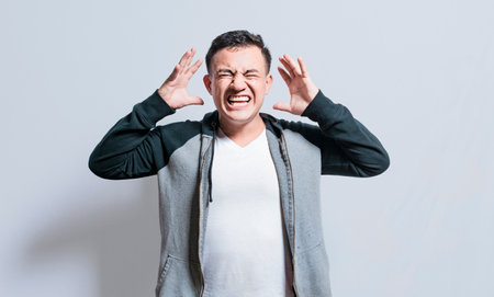 Irritated people screaming with open arms, Stressed people screaming with open hands, Man with open...