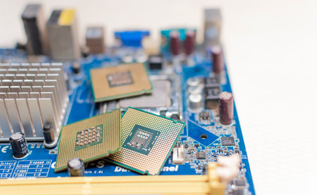 Close up of a motherboard, details of a computer motherboard, detail of a motherboard socket, three processors on a computer motherboardの写真素材