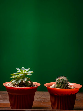 Two cacti in pot on green background, cute natural cacti isolated on green background.の写真素材