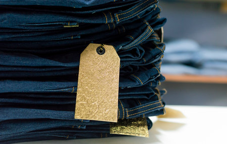Close up of blue jeans on others with copy space; Various jeans on others with space for text; Clothes sale conceptの写真素材