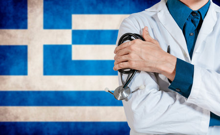 Doctor with stethoscope over greece flag. Health and care with flag of greece, Concept of national health of greeceの写真素材