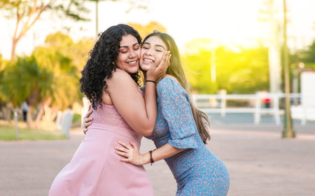 Two female friends hugging in front outdoors, girl friends hugging and enjoying life, women friendship conceptの写真素材
