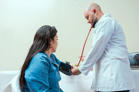 Measuring blood pressure to patient in the office, Nutritionist man measuring blood pressure to female patient in office, Nutritionist measuring blood pressure to patientの写真素材