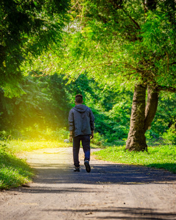 Latin man walking on a nice road, rear view of a young man walking on a road surrounded by treesの写真素材