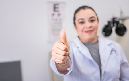 Female optometrist with thumb up in the laboratory. Optometry specialist with thumb up. Smiling eye doctor with thumb up in officeの写真素材