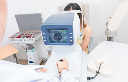 Optometrist using refractometer with patient. Eyesight of a patient on the screen of the refractometerの写真素材
