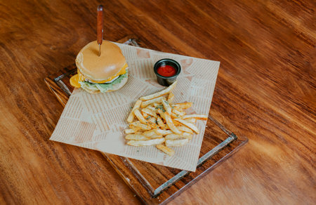 Top view of cheeseburger with french fries served on wooden table. Delicious hamburger with french...